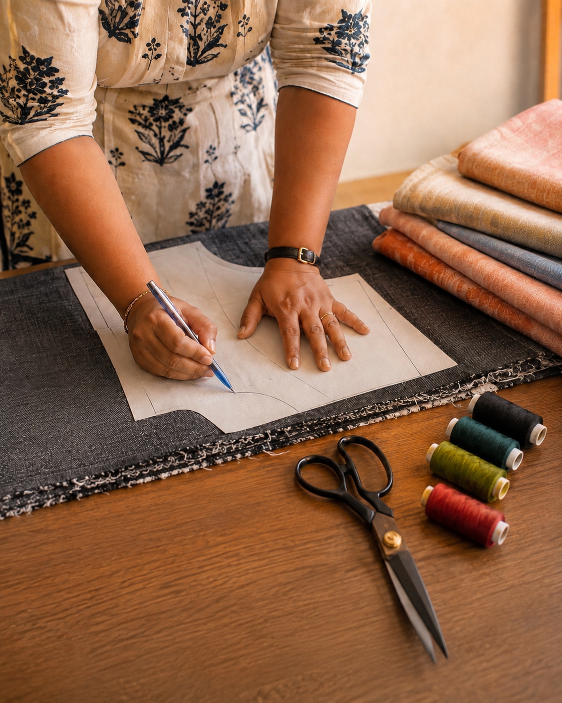 Artisan's hands tracing a pattern onto organic cotton fabric with tailor's chalk